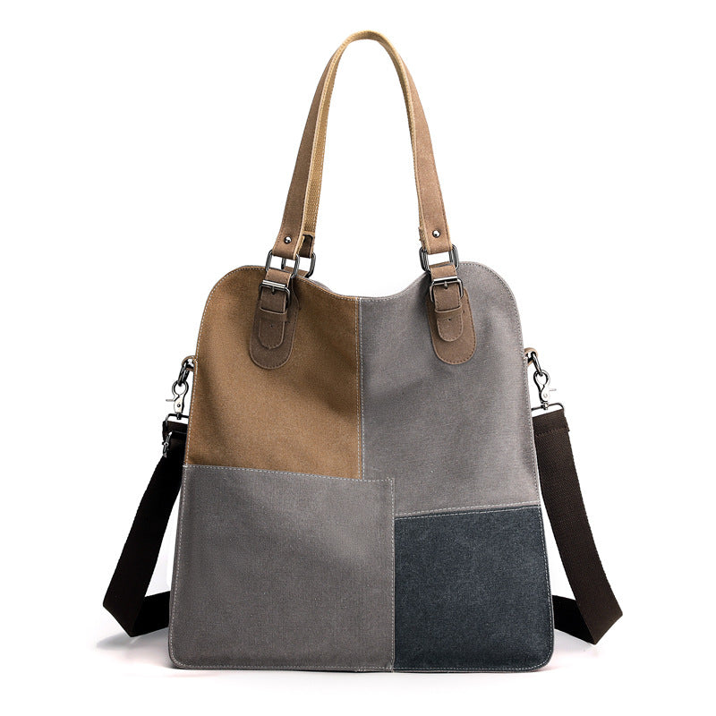 Sac fourre tout bandoulière en toile grande capacité en patchwork rétro pour femme