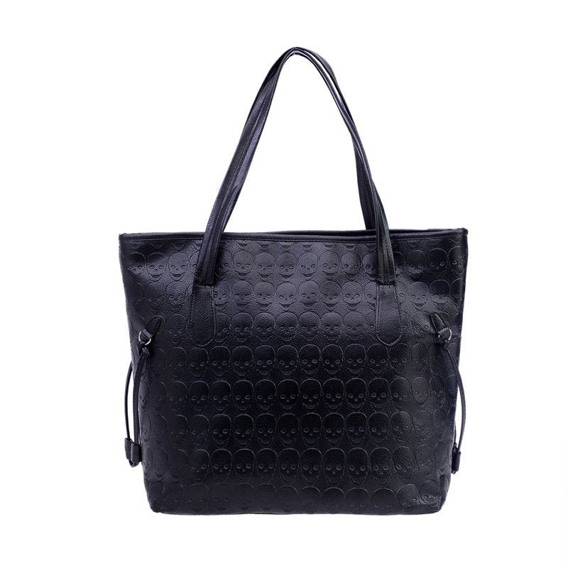 Sac fourre tout noir, motif tête de mort gaufré pour femme