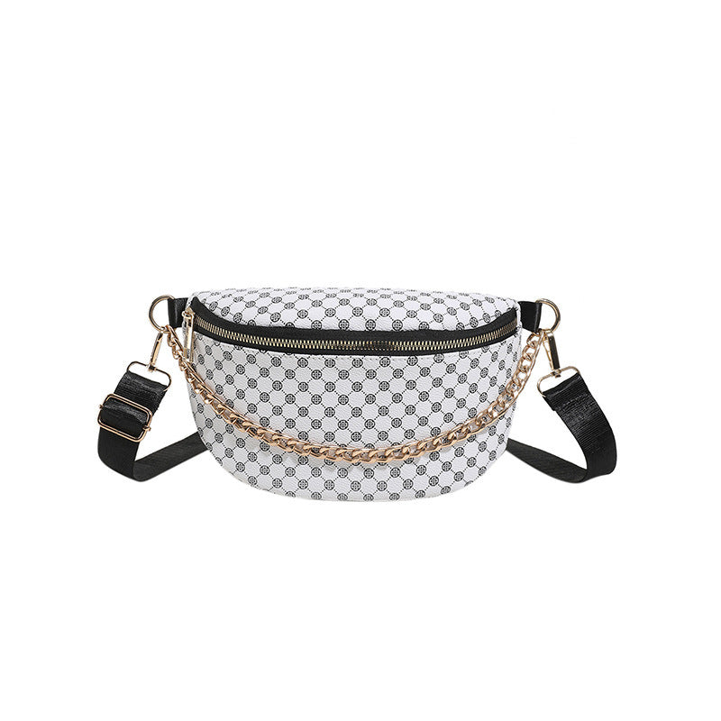 Sac banane motif point chic urbain avec chaîne décorative blanc