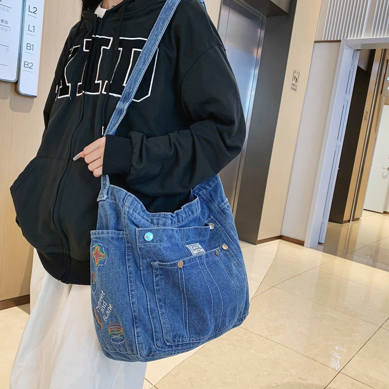 Sac à main bandoulière simple en denim pour femme de grande capacité