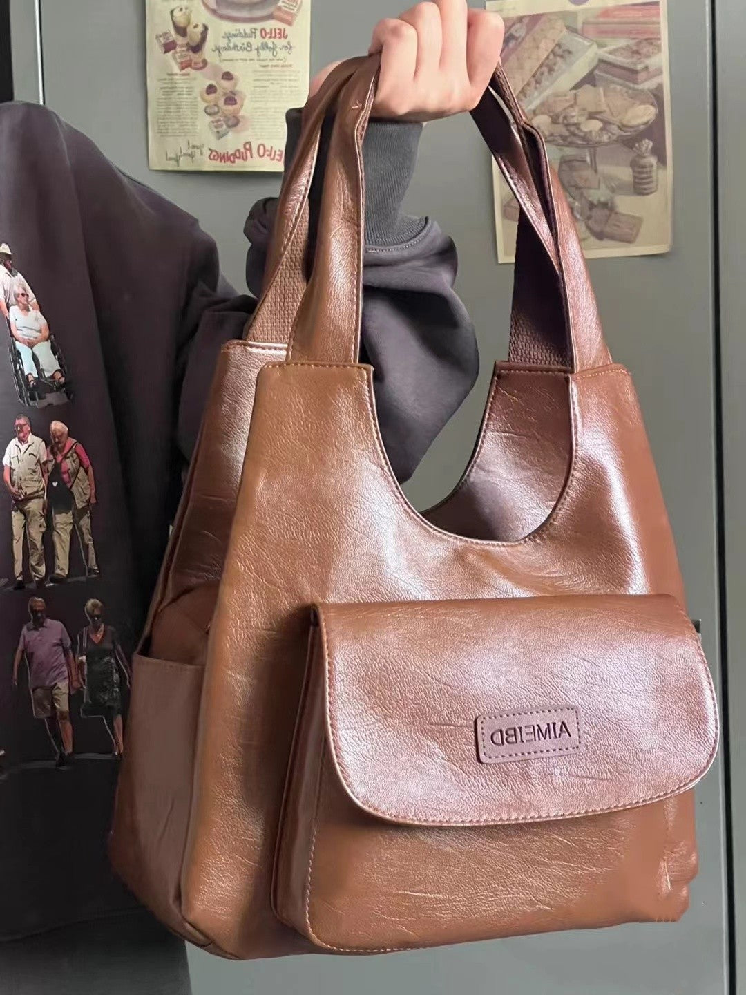 Sac à main à bandoulière multipoches marron pour femme