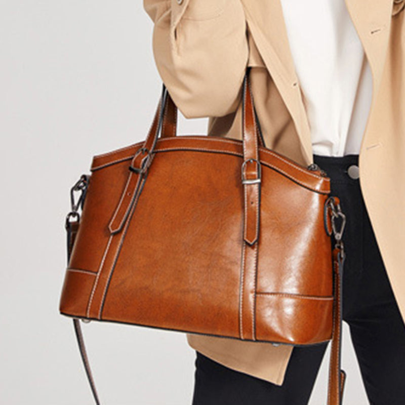 Sac à bandoulière uni rétro en cuir véritable pour femme