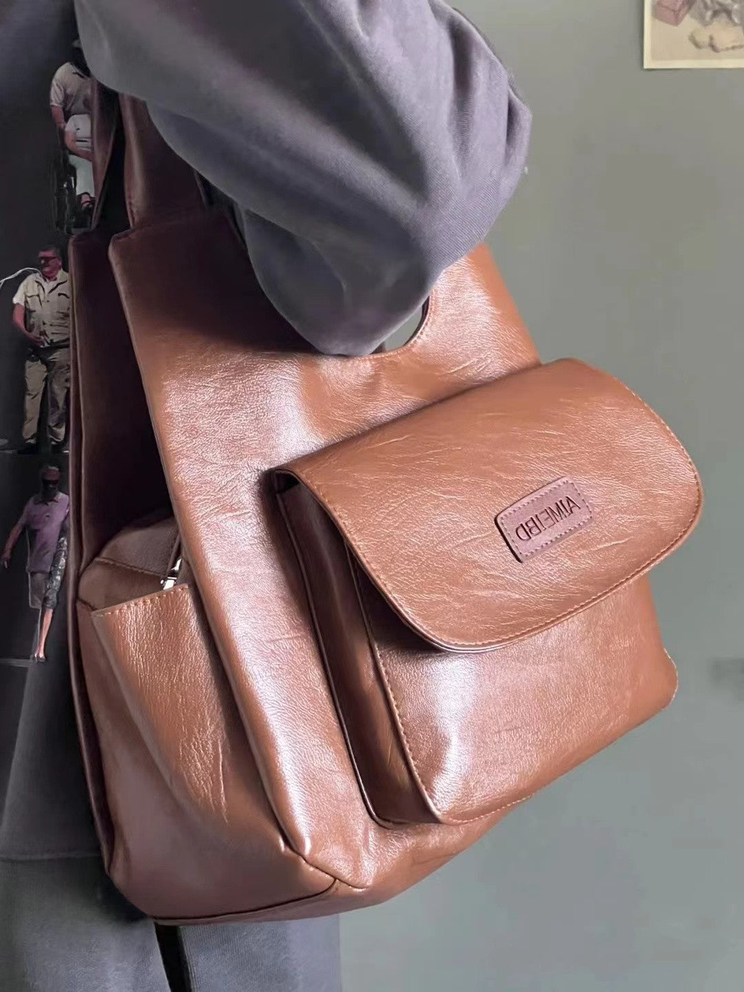 Sac à main à bandoulière multipoches marron pour femme