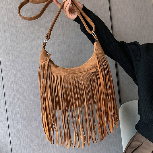 Petit sac messager à frange brun clair pour femme