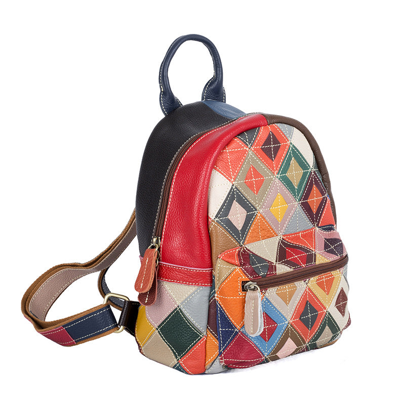 Petit sac à dos en cuir de vachette multicolore motif losange pour femme