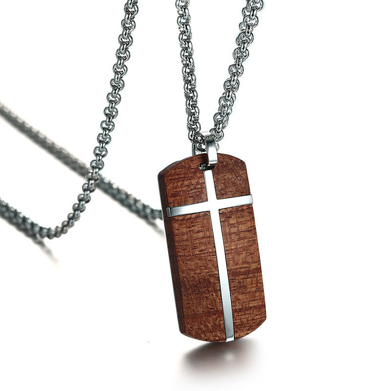 Collier en bois de rose et croix en acier inoxydable