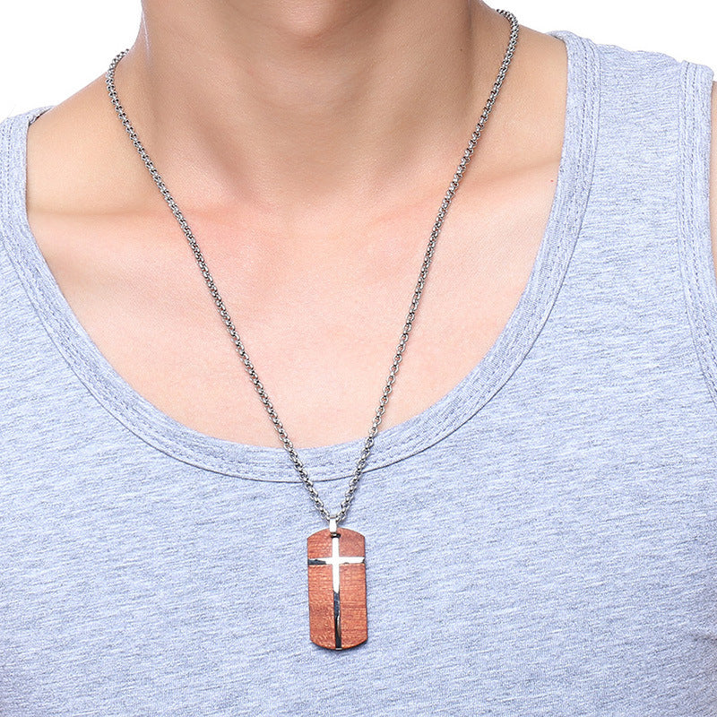 Collier en bois de rose et croix en acier inoxydable