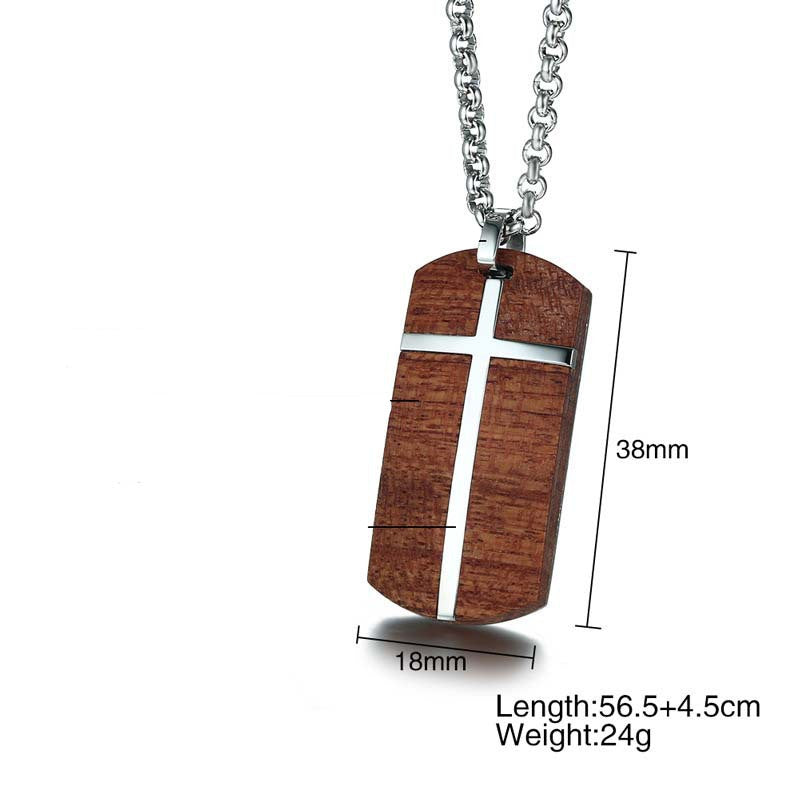 Collier en bois de rose et croix en acier inoxydable