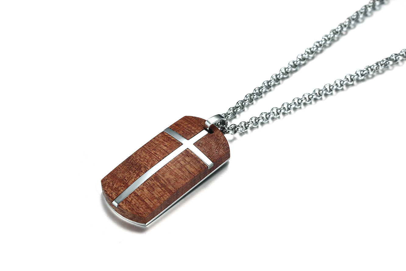 Collier en bois de rose et croix en acier inoxydable