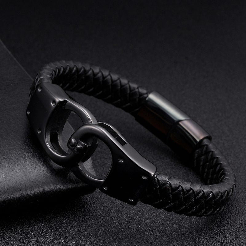 Bracelet en cuir tressé noir, fermoire en acier inoxydable