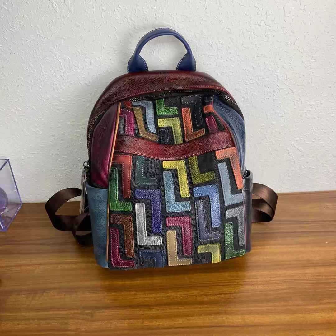 Sac à dos en cuir multicolor de grande capacité et polyvalent