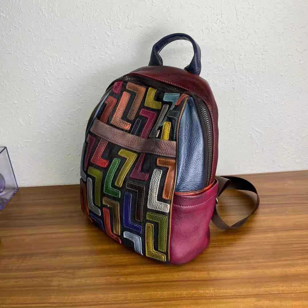 Sac à dos en cuir multicolor de grande capacité et polyvalent