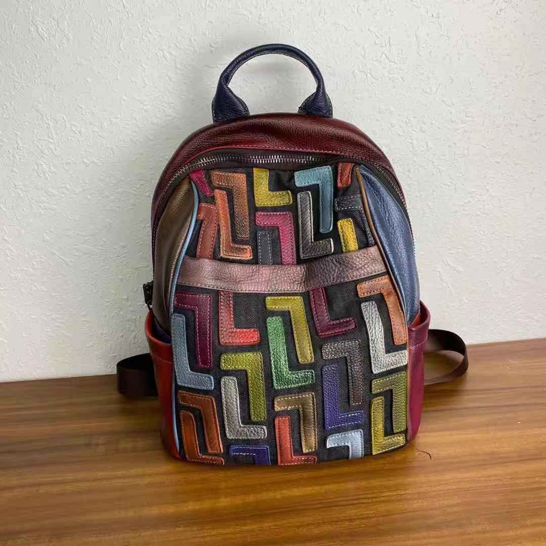 Sac à dos en cuir multicolor de grande capacité et polyvalent