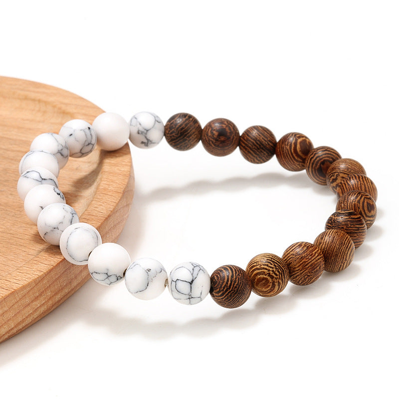 Bracelet en perles de bois naturel brun et blanc