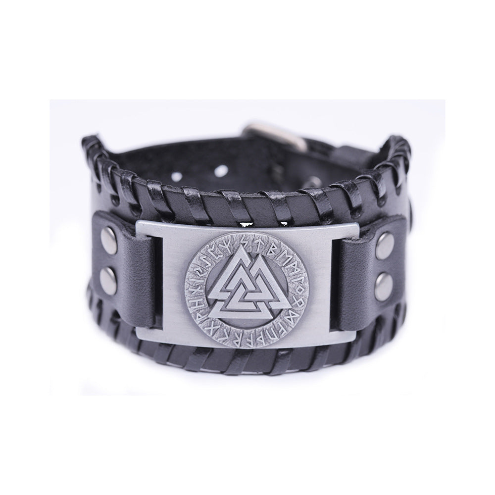 Bracelet Viking en cuir symbole Valknut, 3 triangles entrelacés