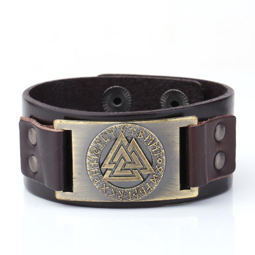 Bracelet Viking en cuir symbole Valknut, 3 triangles entrelacés