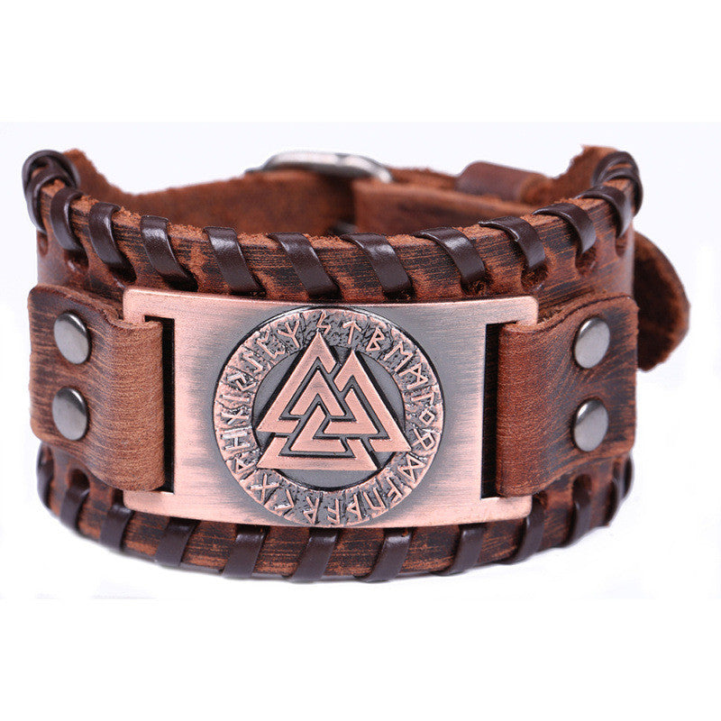 Bracelet Viking en cuir symbole Valknut, 3 triangles entrelacés