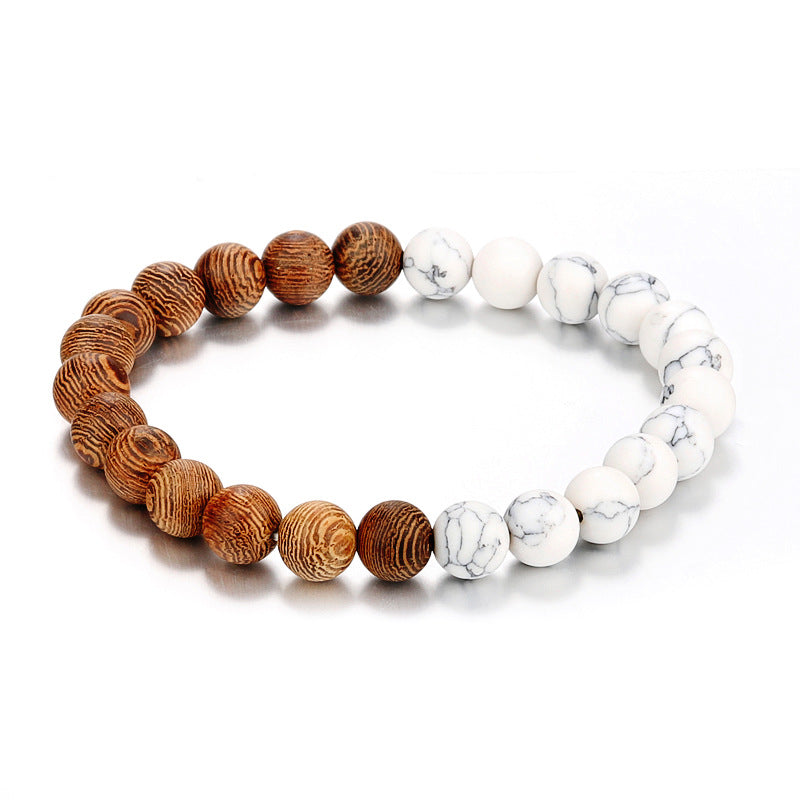 Bracelet en perles de bois naturel brun et blanc