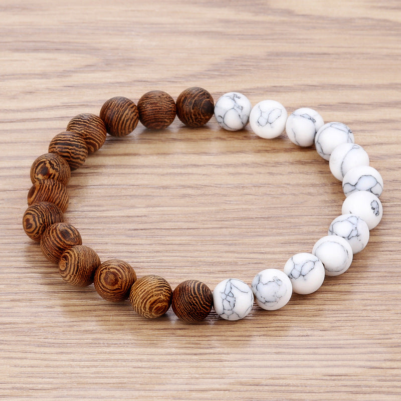 Bracelet en perles de bois naturel brun et blanc