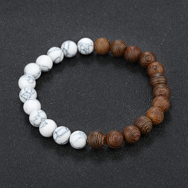 Bracelet en perles de bois naturel brun et blanc