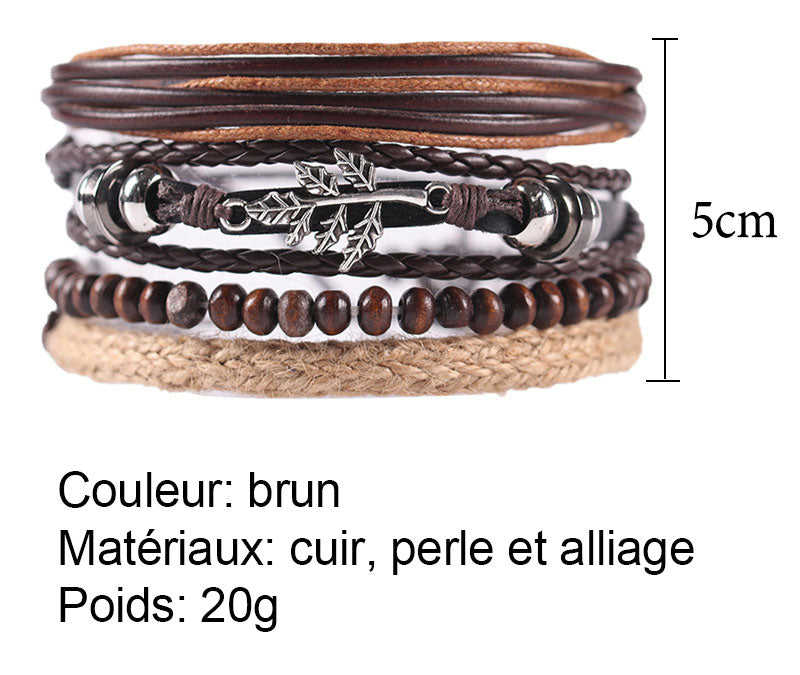 Bracelet en cuir multicouches, rétro corde de chanvre tricoté à la main