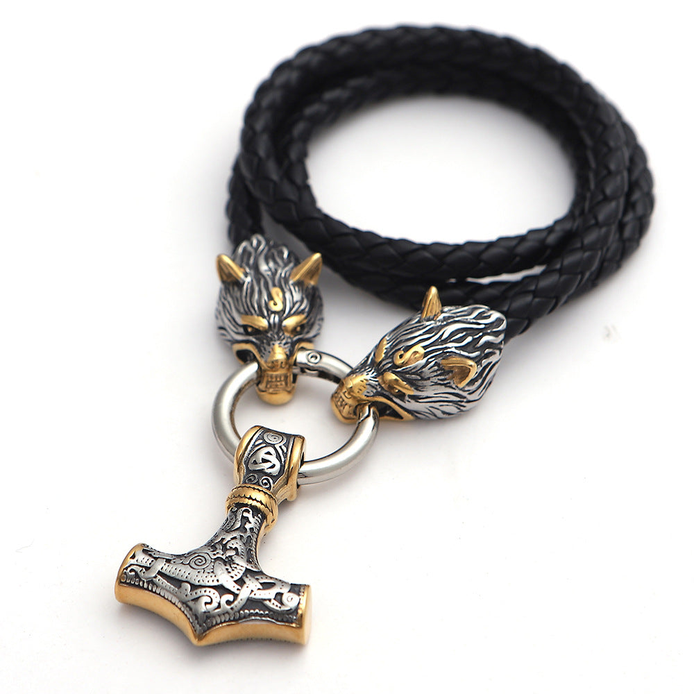 Pendentif marteau de Thor Viking en acier et collier tête de loup