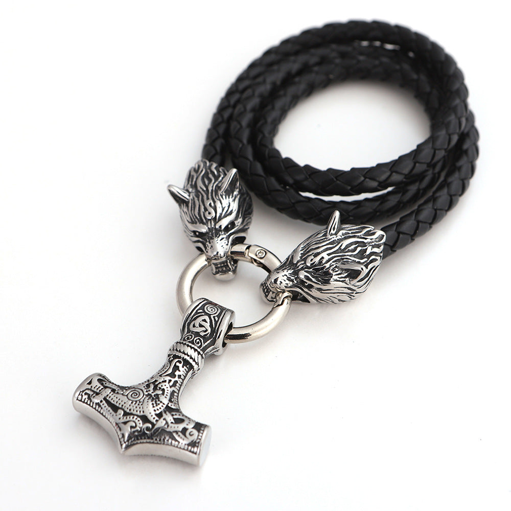 Pendentif marteau de Thor Viking en acier et collier tête de loup