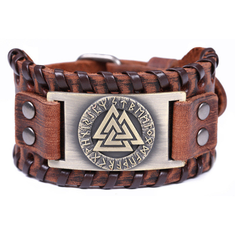 Bracelet Viking en cuir symbole Valknut, 3 triangles entrelacés