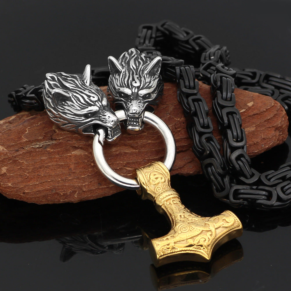 Collier de chaîne noire orné de têtes loup argentées, pendentif marteau de Thor noir