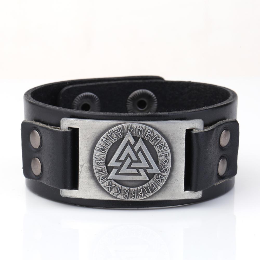 Bracelet Viking en cuir symbole Valknut, 3 triangles entrelacés