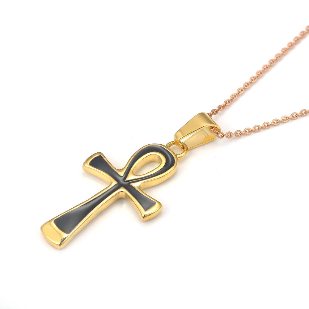 Pendentif Egyptien Ankh en acier titane noir et doré, SANS CHAINE