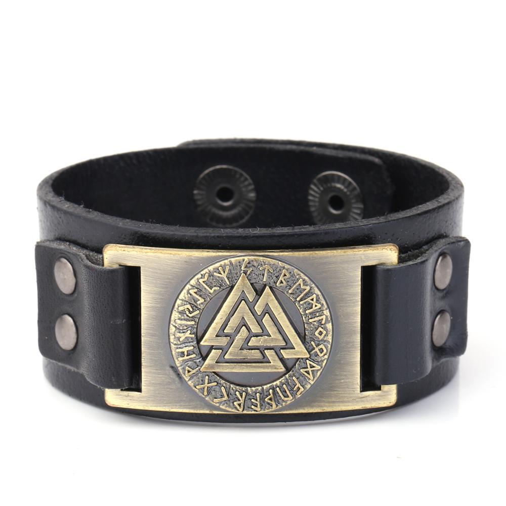 Bracelet Viking en cuir symbole Valknut, 3 triangles entrelacés