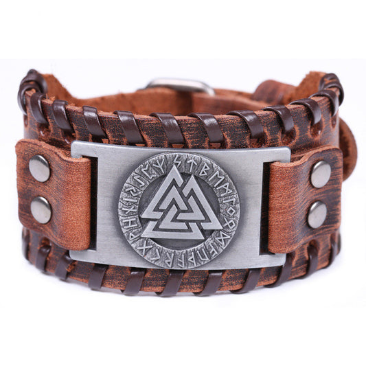 Bracelet Viking en cuir symbole Valknut, 3 triangles entrelacés