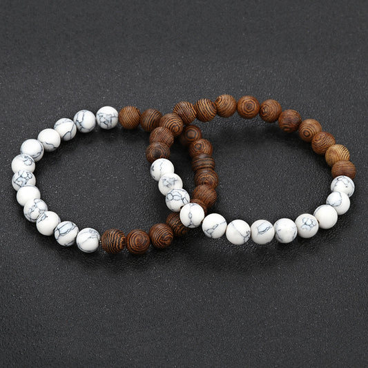 Bracelet en perles de bois naturel brun et blanc