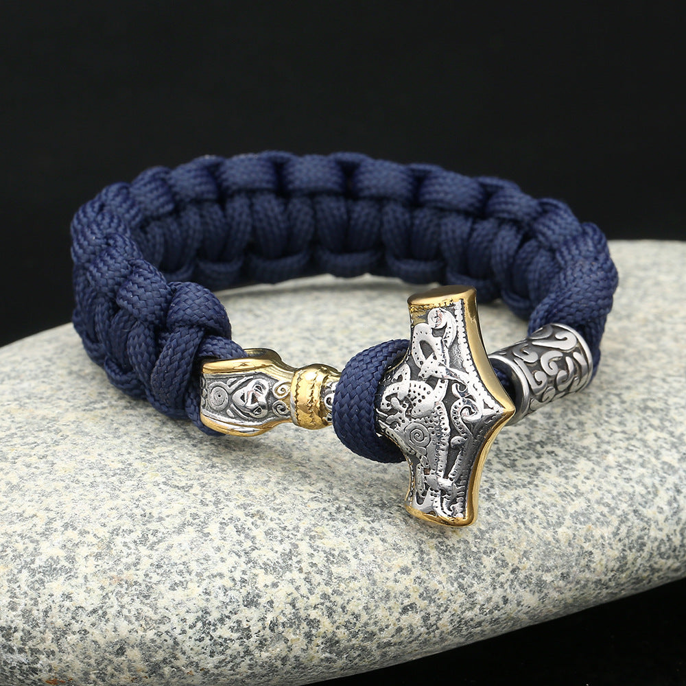 Bracelet bleu Viking marteau de Thor argenté et doré