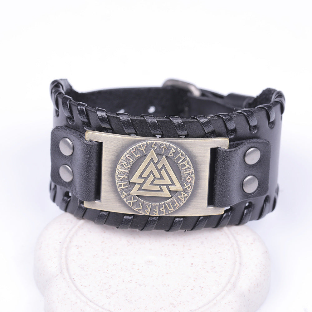 Bracelet Viking en cuir symbole Valknut, 3 triangles entrelacés