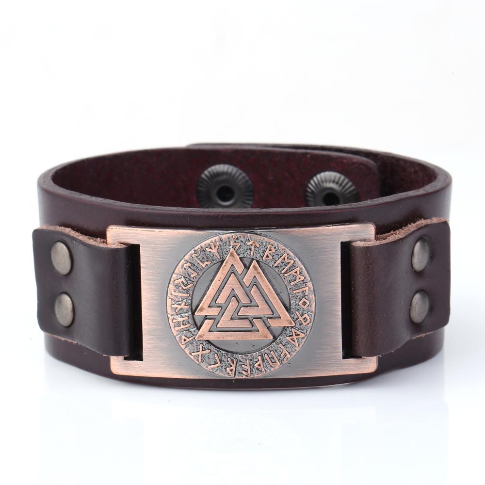 Bracelet Viking en cuir symbole Valknut, 3 triangles entrelacés