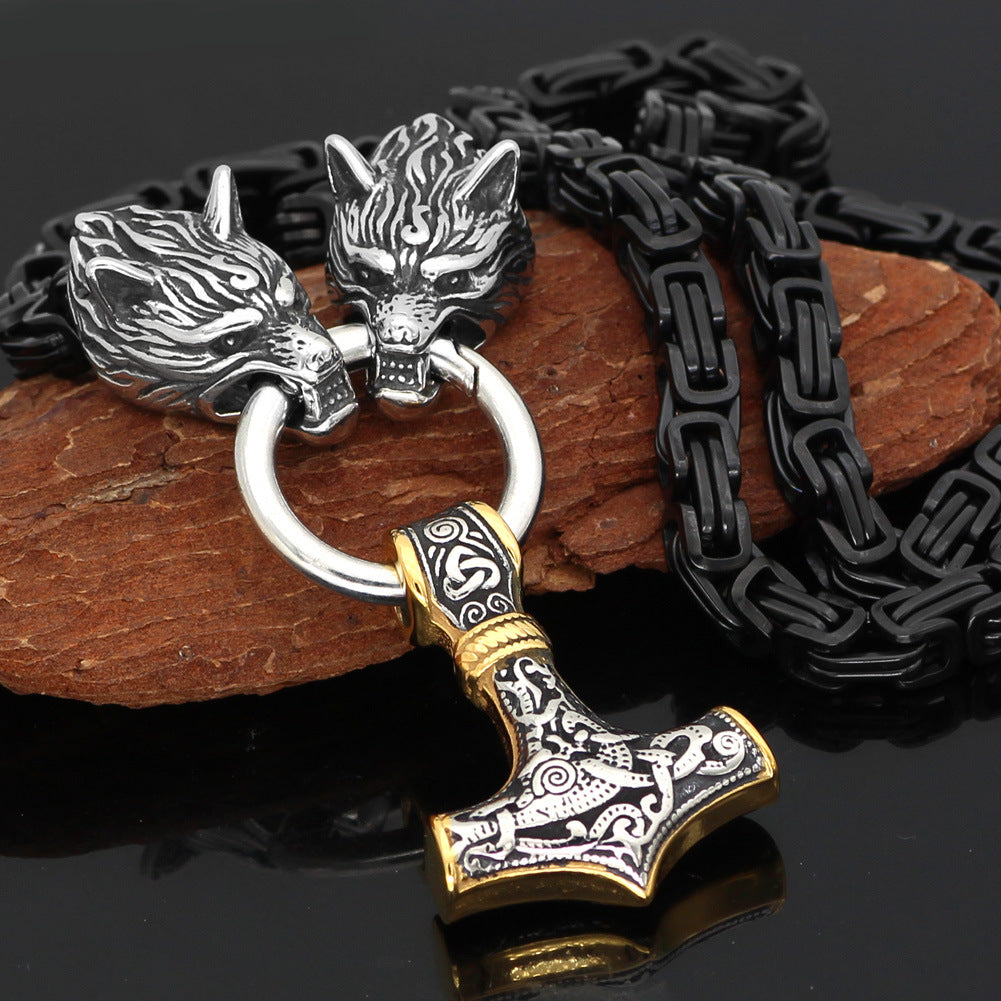 Collier de chaîne noire orné de têtes loup argentées, pendentif marteau de Thor noir