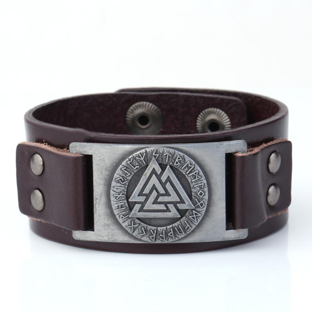 Bracelet Viking en cuir symbole Valknut, 3 triangles entrelacés