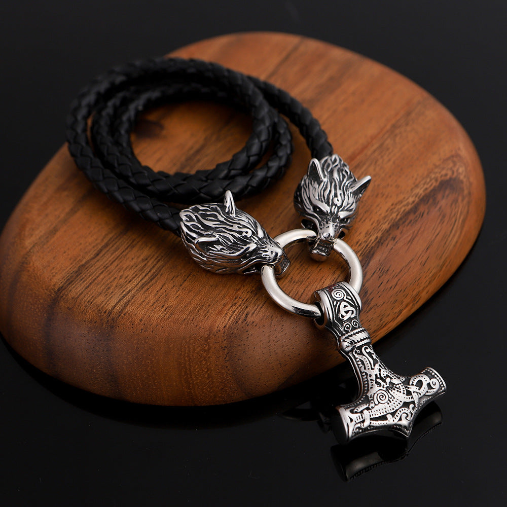 Pendentif marteau de Thor Viking en acier et collier tête de loup